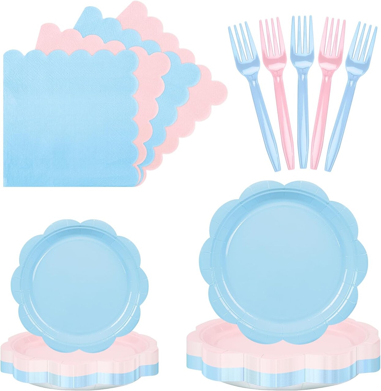 96 Pcs Baby Gender Reveal Scalloped Plates and Napkins Set Party Supplies,Tableware set for 24 Guest include Pink and Blue Dessert Plates, Napkins and Forks for Baby Shower Gender Reveal Party